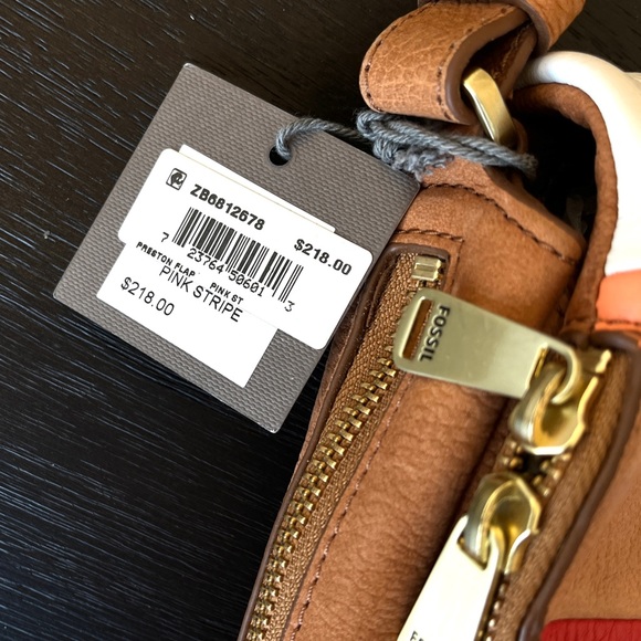 FOSSIL Preston Flap Crossbody Bag! Stripe Tan, Ivory, Pink and Brown Leather!! - Picture 4 of 5